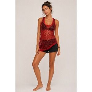 Joyce Leslie Womens Sequin Mesh Tank Top Large Y2K Sheer Glam Red Party Sparkle